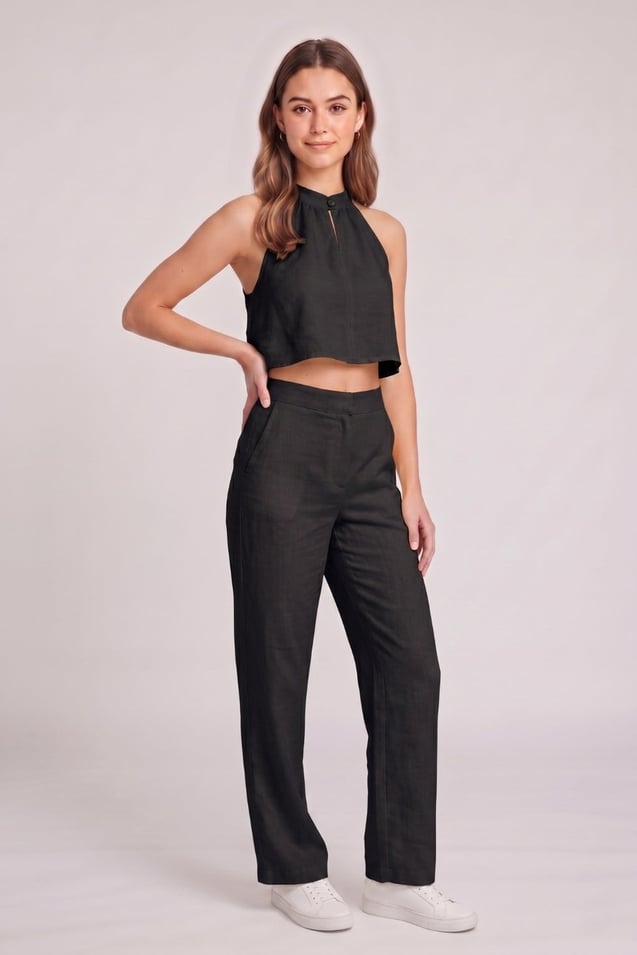 Kadın Crop Bluz Pantolon Takım M2774 Siyah