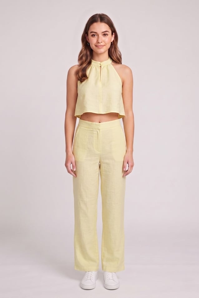 Kadın Crop Bluz Pantolon Takım M2774 Sarı