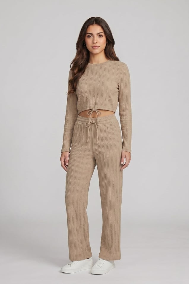 Kadın Crop Üst ve Bol Paça Pantolon Takımı M9315 Bej