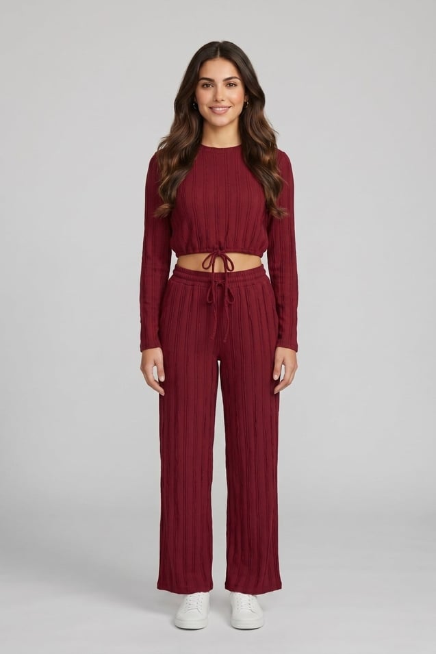 Kadın Crop Üst ve Bol Paça Pantolon Takımı M9315 Bordo