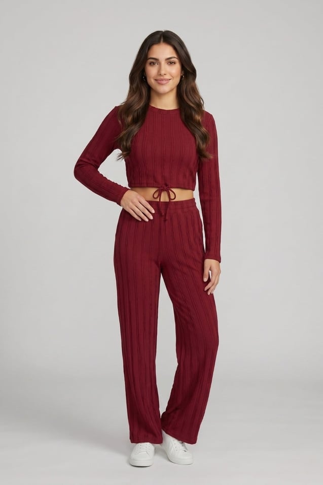 Kadın Crop Üst ve Bol Paça Pantolon Takımı M9315 Bordo