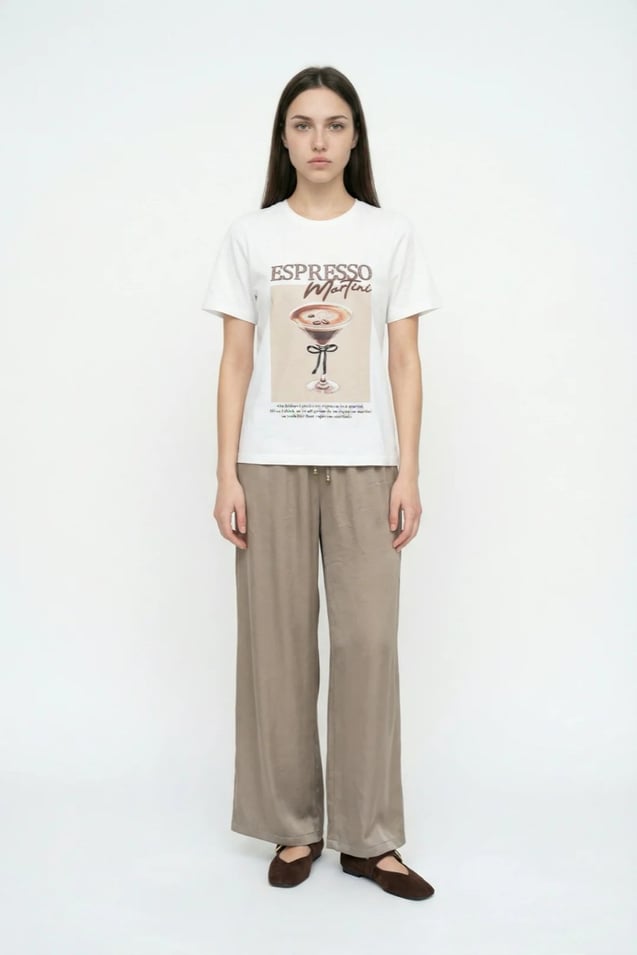 Kadın Espresso Baskılı Basic T-Shirt M1783 Beyaz