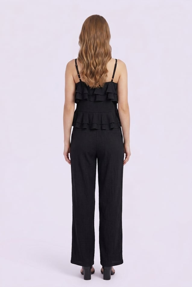 Kadın Fırfır Detaylı Askılı Bluz & Pantolon Takım M15015 Siyah