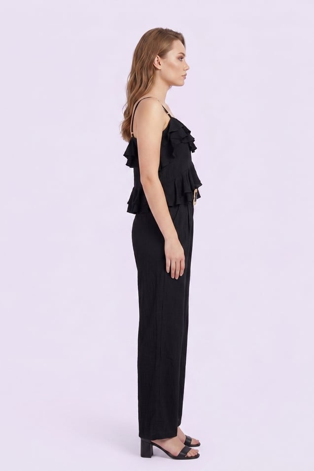 Kadın Fırfır Detaylı Askılı Bluz & Pantolon Takım M15015 Siyah