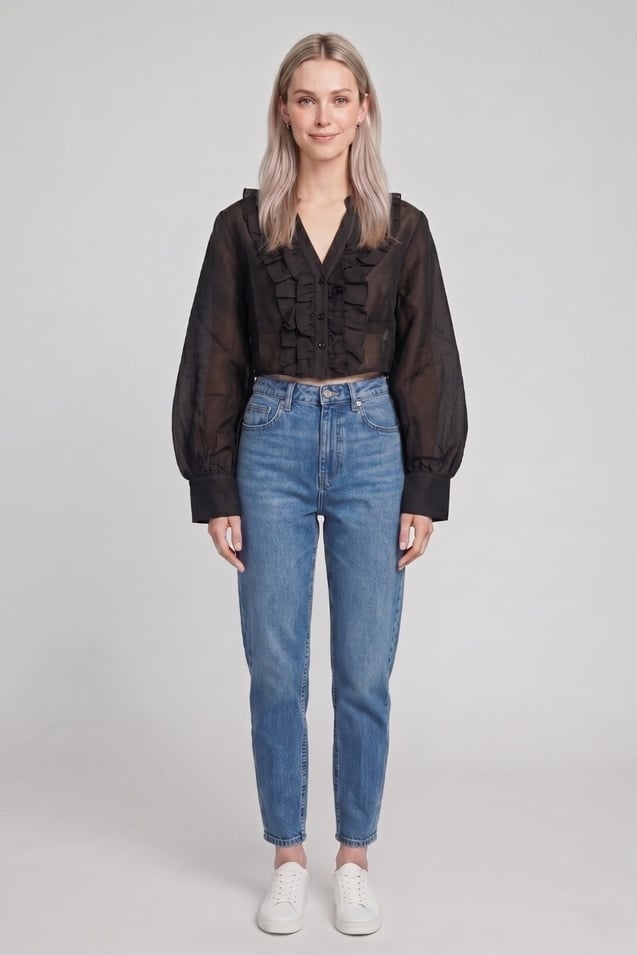 Kadın Fırfır Detaylı Crop Bluz M2814 Siyah