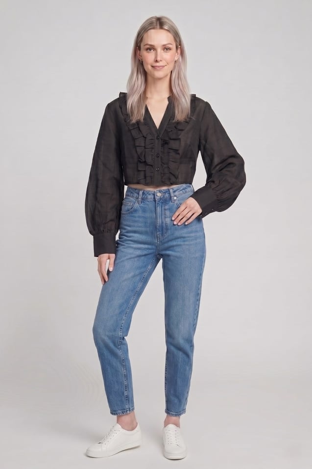 Kadın Fırfır Detaylı Crop Bluz M2814 Siyah