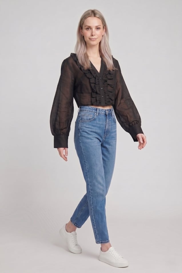 Kadın Fırfır Detaylı Crop Bluz M2814 Siyah