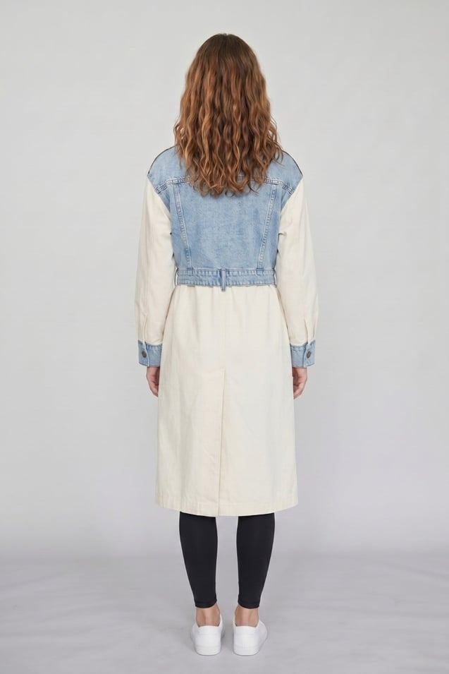 Kadın Krem Denim Detaylı Uzun Trençkot M87077 Taş