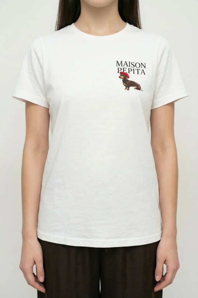 Kadın Maison Pepita Logolu Pamuklu T-Shirt M01715 Beyaz