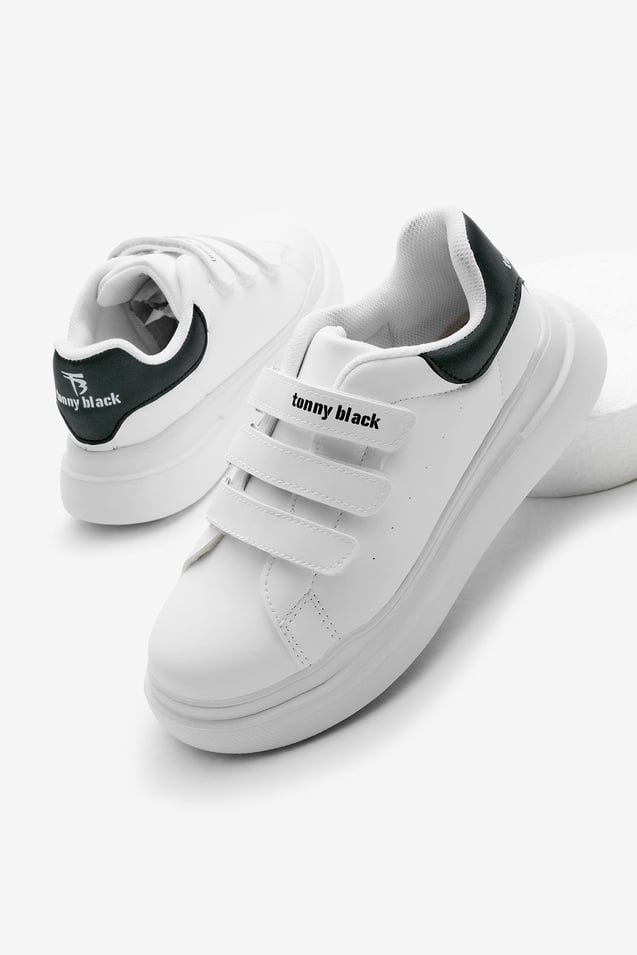 Eva Faylon Taban Üç Cırtlı Çocuk Unisex Beyaz Siyah Spor Ayakkabı TBALS025