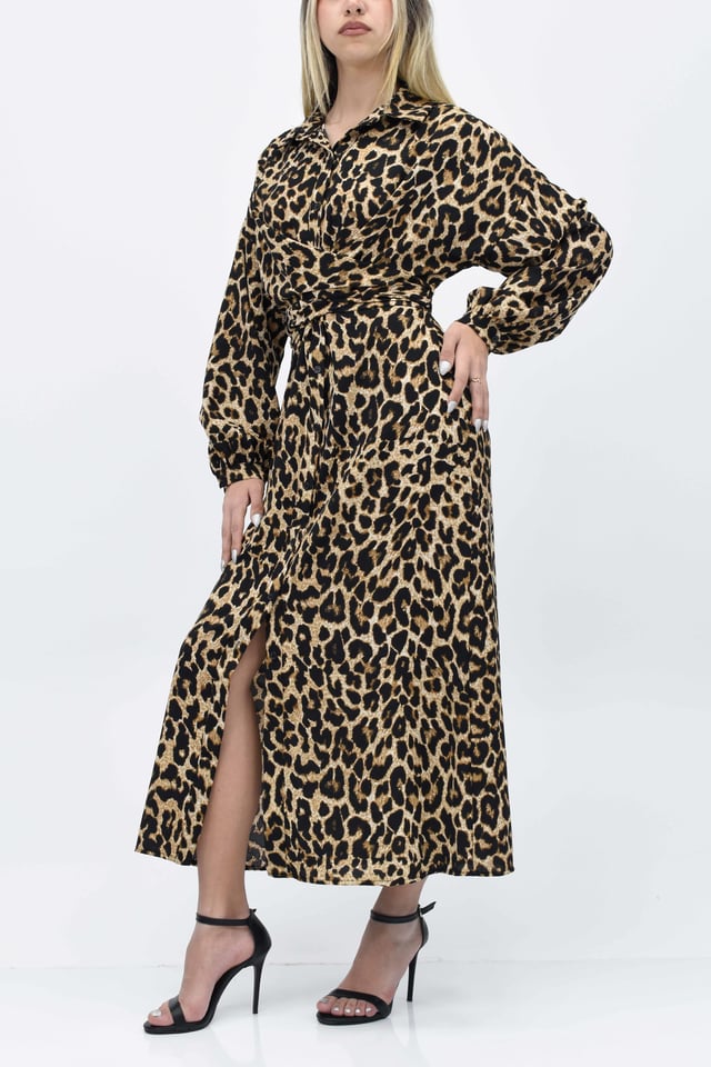 Belden Bağlamalı Leopar Elbise