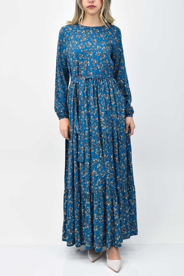 Çiçekli Kolu Lastikli Kemerli Fırfır Detaylı Tesettür Elbise - Petrol Mavisi