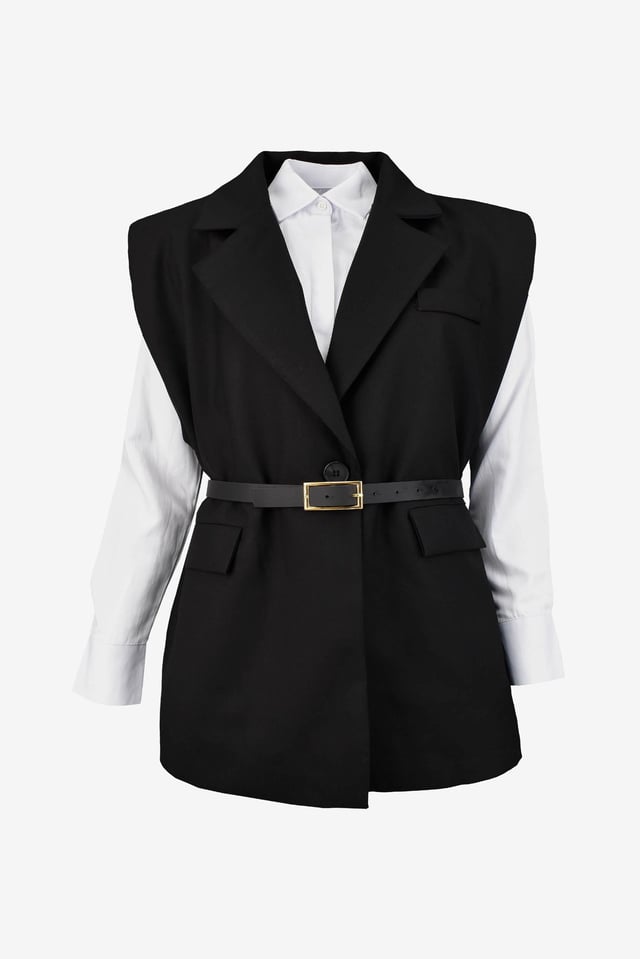 Kemerli Blazer Yelek - Siyah