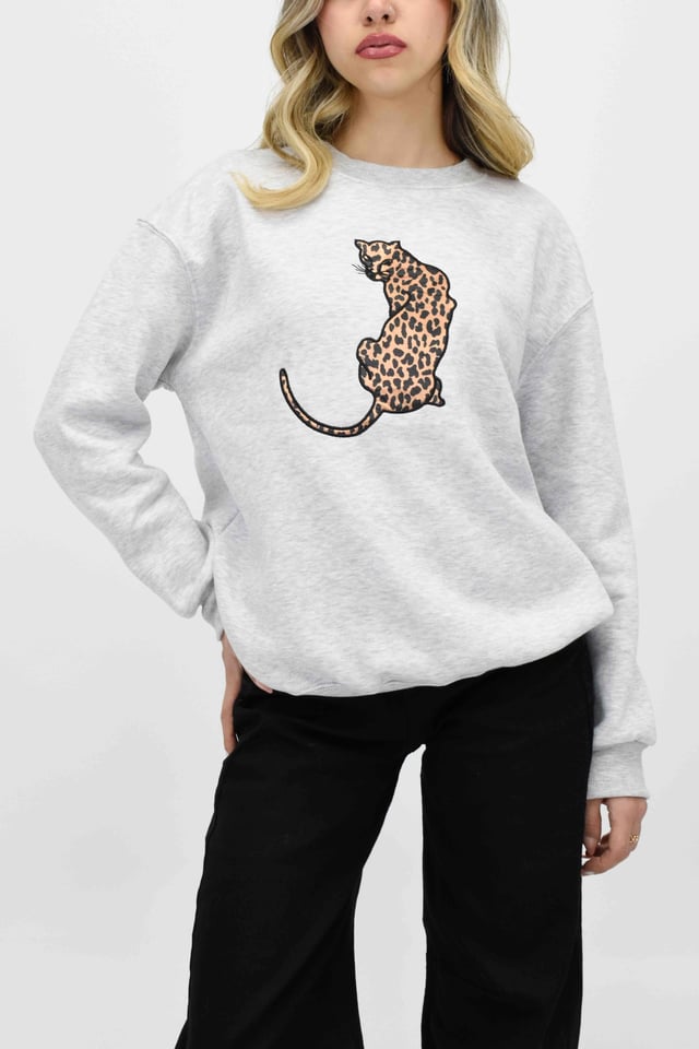 Leopar Baskılı Sweatshirt-Gri