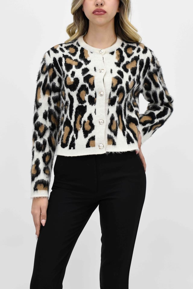 Leopar Desenli Düğmeli Hırka-Siyah 