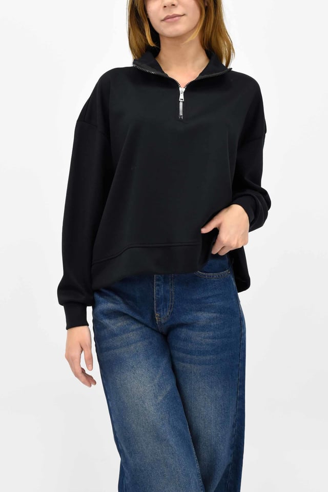 Modal Kumaş Fermuarlı Sweatshirt - Siyah