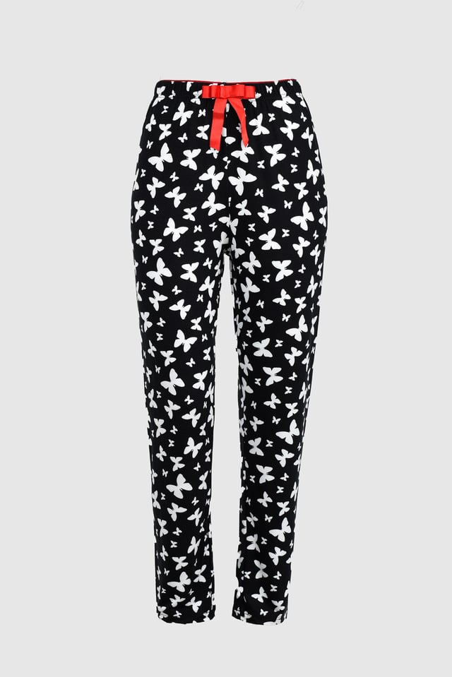 Uzun Siyah Beyaz Kelebek Desenli Alt Pijama