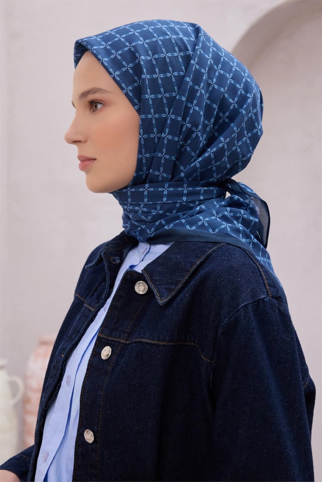 Belli Fresh Geometrik Desen Lacivert Mavi Vual Eşarp 1792 - 25