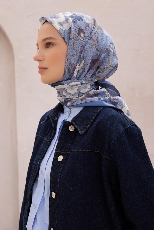 Belli Fresh Çiçek Desen Mavi Lacivert Ekru Vual Eşarp 1687 - 17