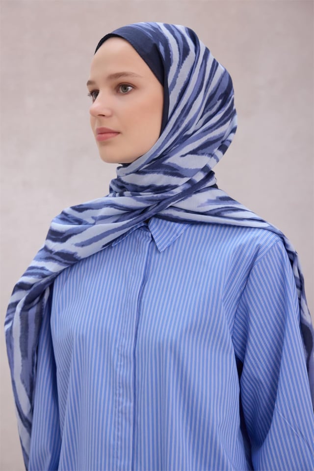 Belli Fresh Soyut Desen Mavi Lacivert Vual Şal 1477 - 06