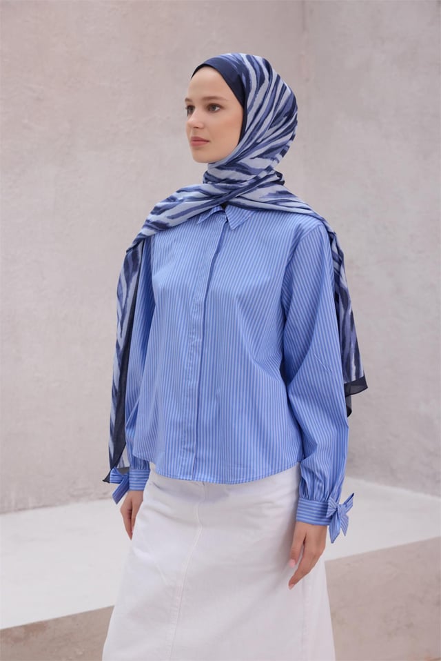 Belli Fresh Soyut Desen Mavi Lacivert Vual Şal 1477 - 06