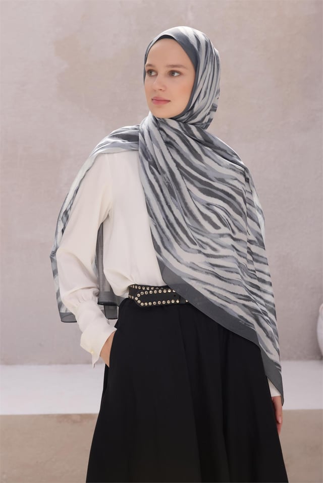 Belli Fresh Soyut Desen Gri Siyah Vual Şal 1477 - 07