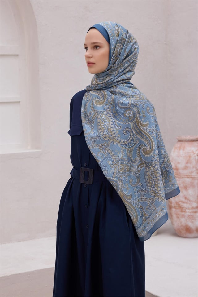 Belli Fresh Paisley Desenli Mavi Bej Lacivert Vual Şal 1488 - 07