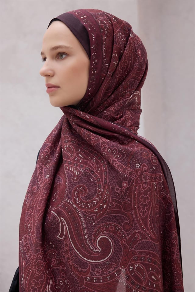 Belli Fresh Paisley Desenli Bordo Mürdüm Vual Şal 1488 - 25