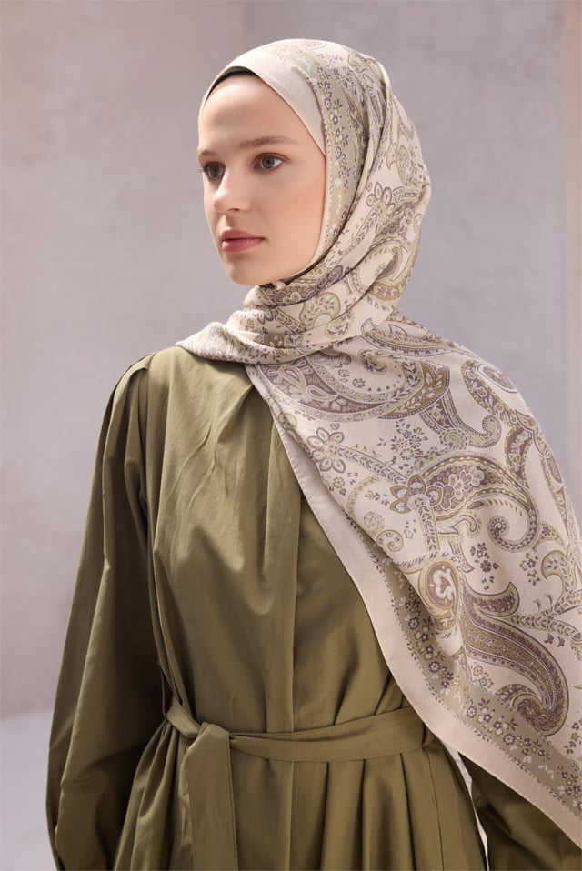 Belli Fresh Paisley Desenli Krem Vizon Haki Vual Şal 1488 - 41