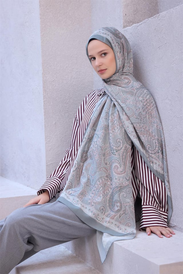 Belli Fresh Paisley Desenli Mint Gri Pudra Vual Şal 1488 - 06