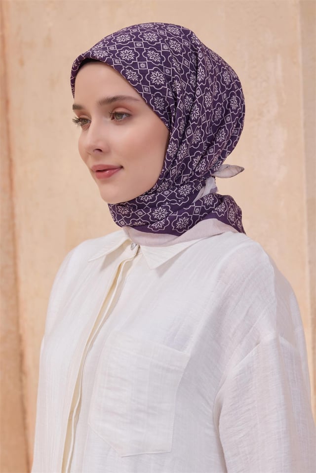 Belli Fresh Çiçek Desen Mor Paulista Eşarp 5 - 52