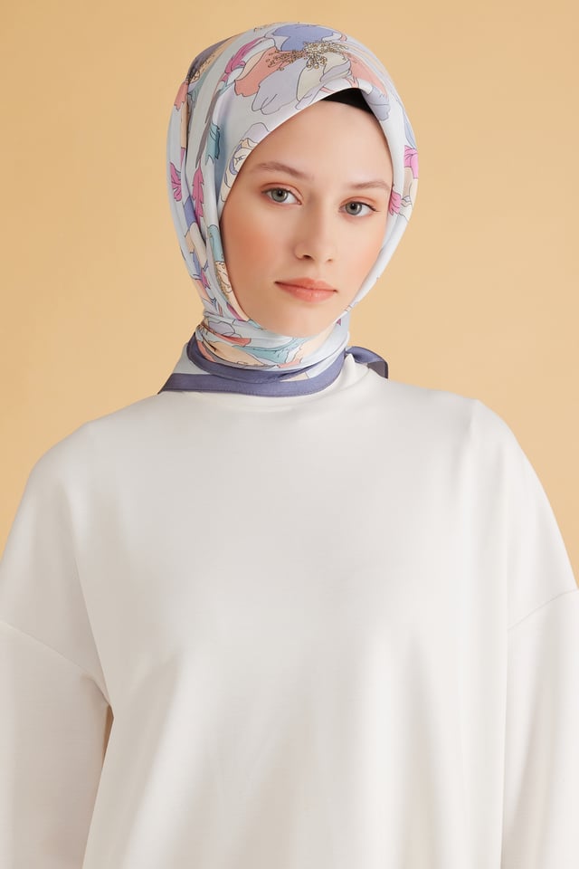 Belli Fresh Çiçek Desen Mavi Pure Eşarp 2 - 04