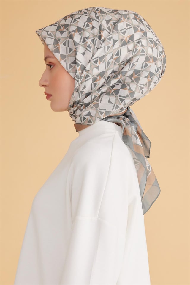 Belli Fresh Geometrik Desen Haki Vizon Tela Eşarp 1008 - 09