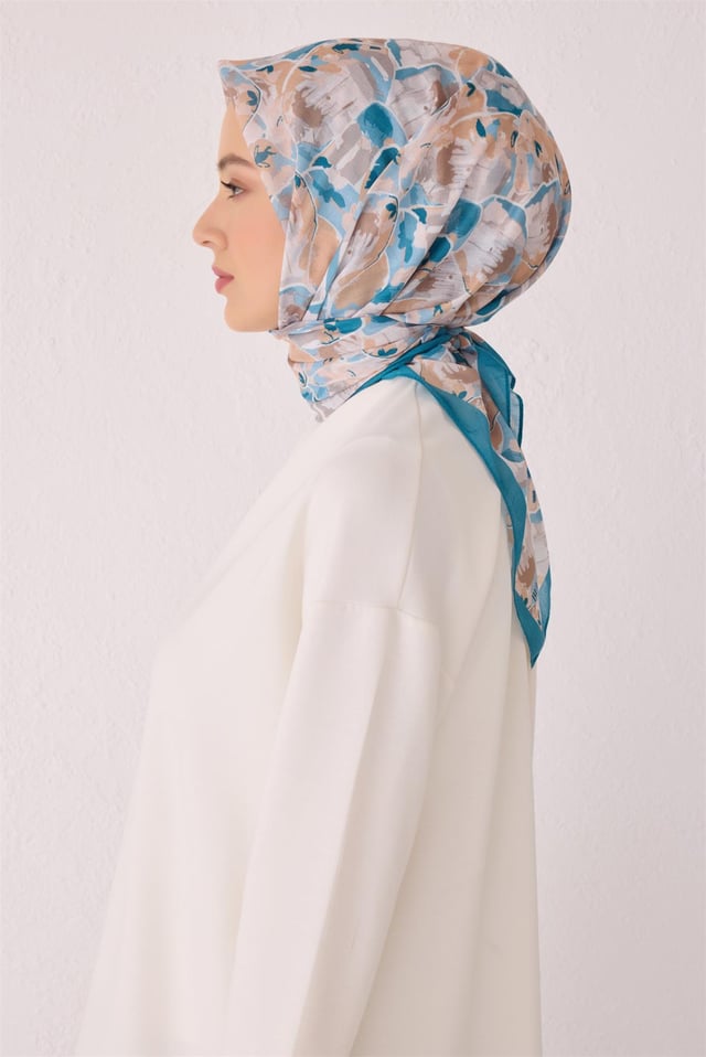 Belli Fresh Çiçek Desen Mavi Tela Eşarp 1021 - 18