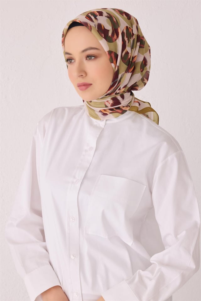 Belli Fresh Geometrik Desen Zeytin Hardal Tela Eşarp 1020 - 11