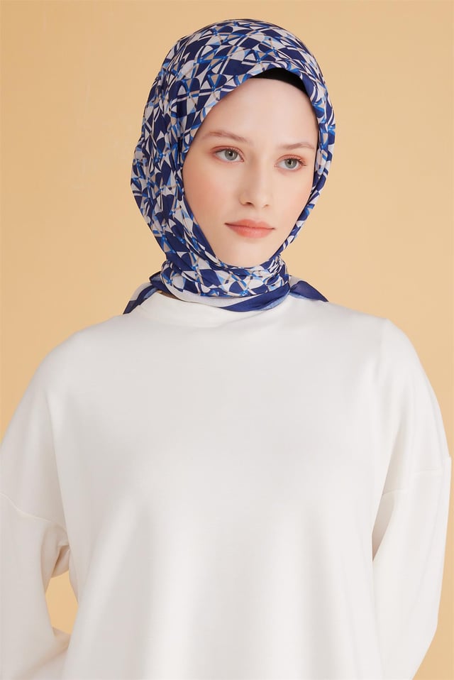 Belli Fresh Geometrik Desen Lacivert Tela Eşarp 1008 - 05