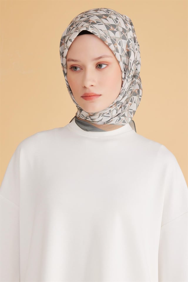 Belli Fresh Geometrik Desen Haki Vizon Tela Eşarp 1008 - 09
