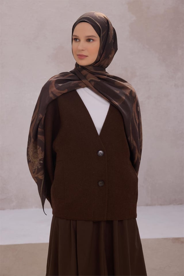 Belli Fresh Çiçek Desen Kahve Taba Lena Şal 1724 - 11