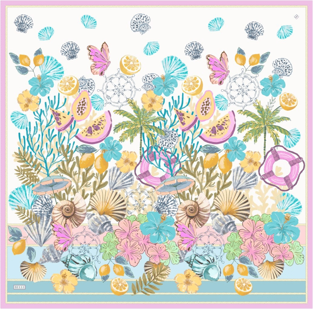 Çok Renkli Obje Desen %100 Twill İpek Eşarp 4324 - 31