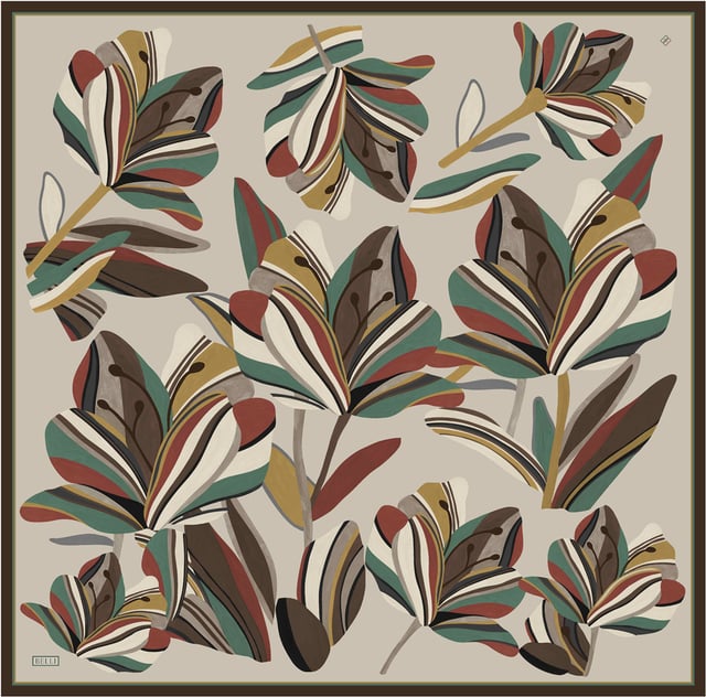 Bej Çiçek Deseni %100 Twill İpek Eşarp 4410-84
