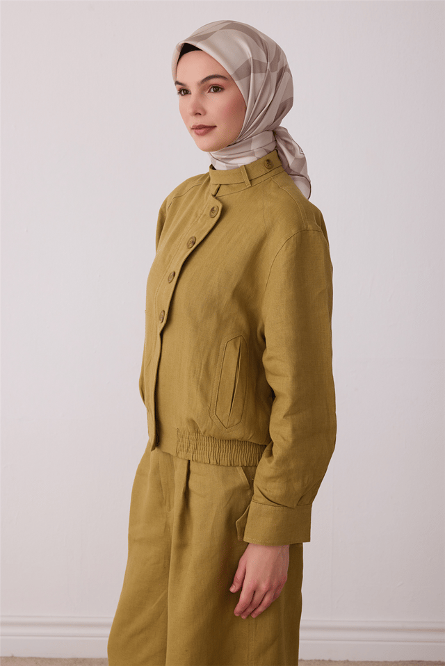 Bej Soyut Desen %100 Twill İpek Eşarp 4429-43