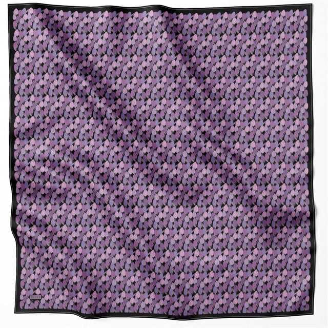 Siyah Mor Çiçek Desen %100 Twill İpek Eşarp 4204 - 89
