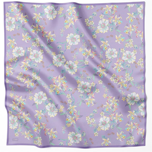 Lila Çiçek Desen %100 Twill İpek Eşarp 4210 - 50
