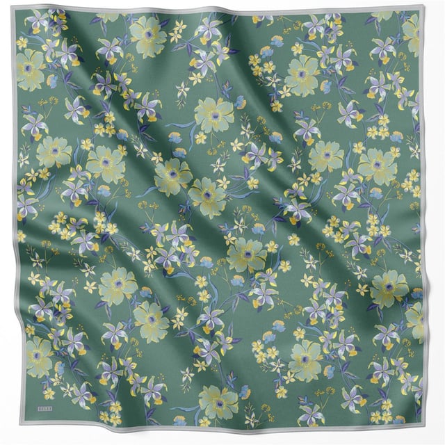 Zümrüt Çiçek Desen %100 Twill İpek Eşarp 4210 - 56