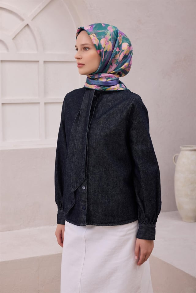 Mor Çiçek Desen %100 Twill İpek Eşarp 4217 - 82