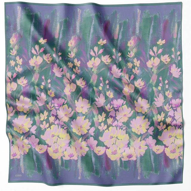 Mor Çiçek Desen %100 Twill İpek Eşarp 4217 - 82
