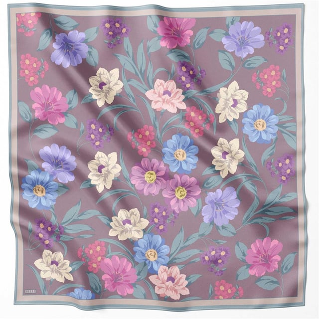 Lavanta Çiçek Desen %100 Twill İpek Eşarp 4219 - 56