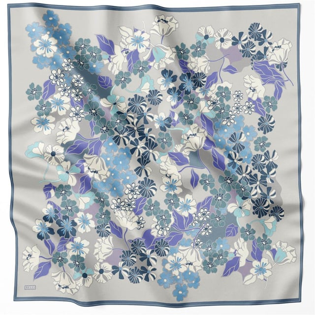 Gri Mavi Çiçek Desen %100 Twill İpek Eşarp 4220 - 56
