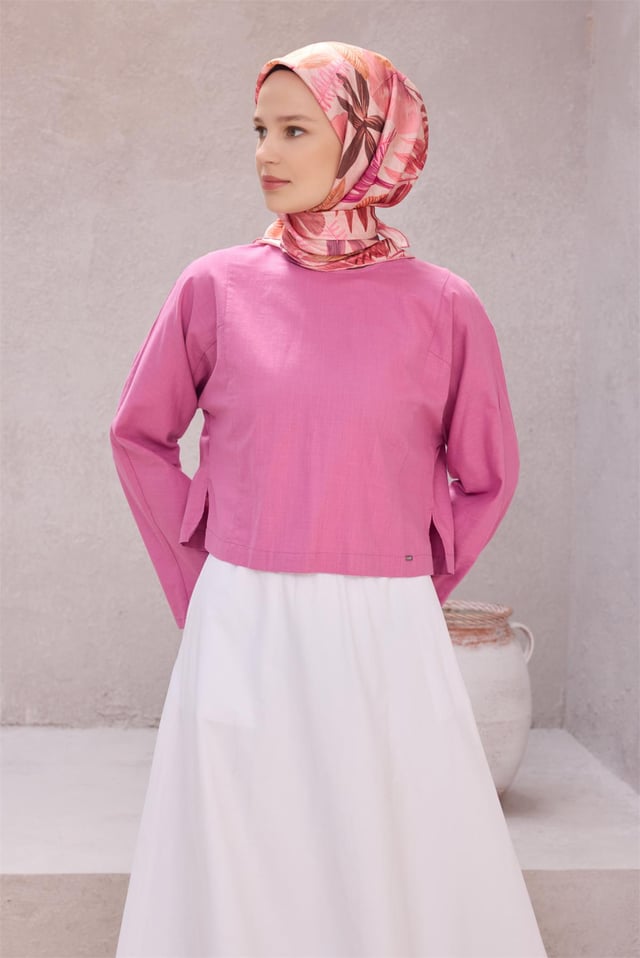 Pudra Çiçek Desen %100 Twill İpek Eşarp 4225 - 03