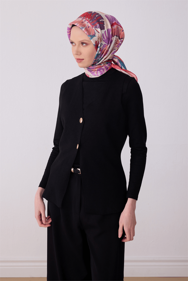 Çok Renkli Çiçek Desen %100 Twill İpek Eşarp 4323 - 82